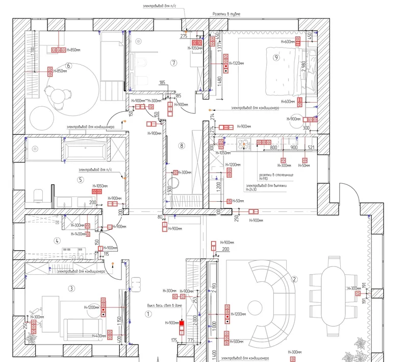 170 м² үйдүн розеткалары жана өчүргүчтөрү, орнотуу бийиктиктери менен